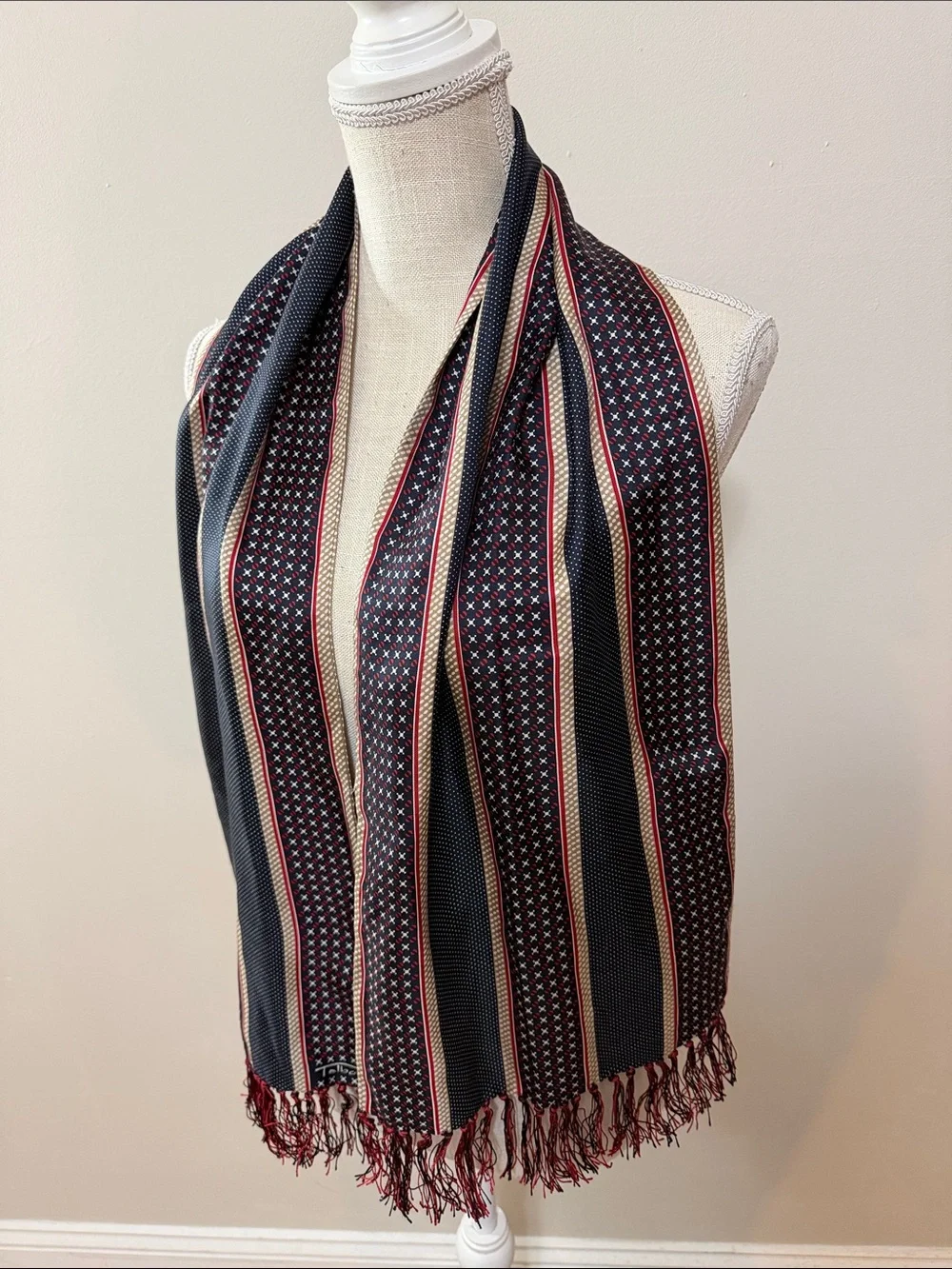 Talbots Navy, Red and Cream Striped Fringe Scarf